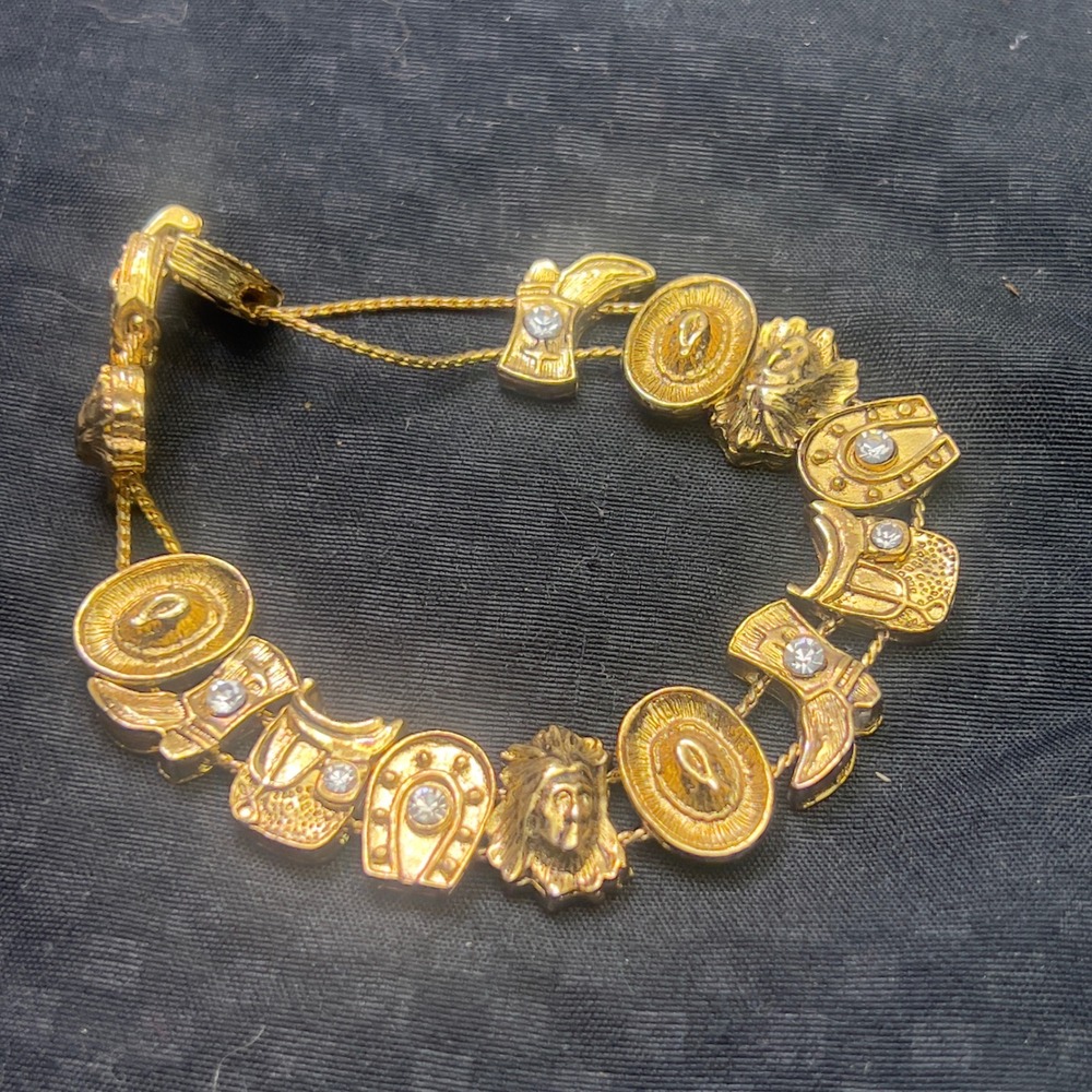 Vintage Western Charm Bracelet Gold Tone Cowboy Boot Saddle Horseshoe Rhinestone